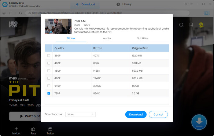 The Pitt advanced download settings